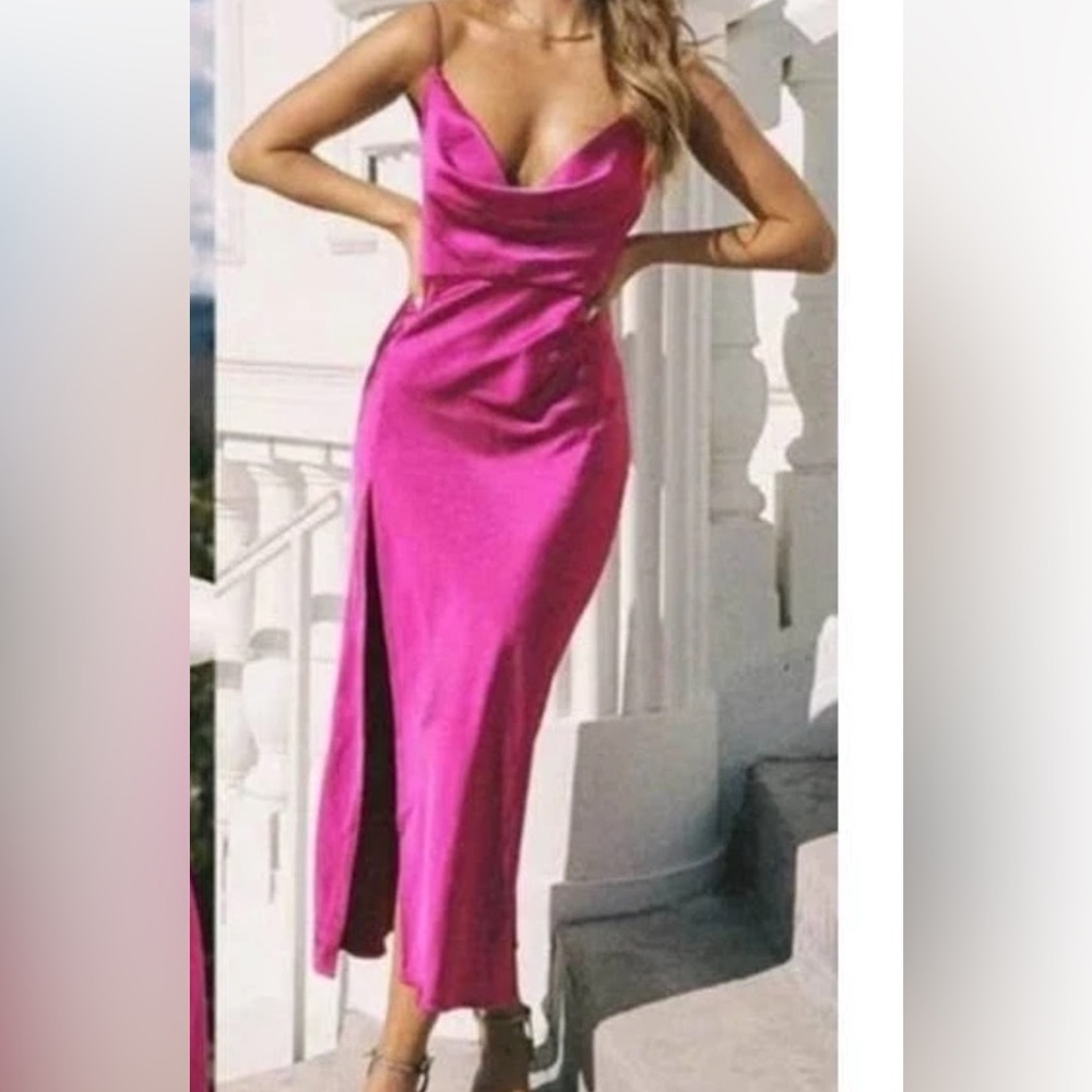 NWT Lioness Walk the Line Magenta Satin Slip Maxi Dress